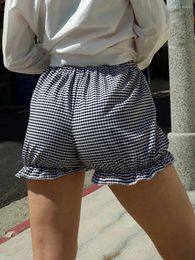 Women's Shorts Women Plaid Bloomers Y2k Drawstring Ruffles Elastic Waist Short Pants Summer Casual Pajama Bottoms