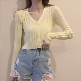 Women's Knits 4 Colours Cardigan Women V-neck Knitted Casual Elegant Female Summer Soft Sweater Fashion Solid Korean Style Simple Long Sleeve