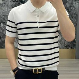 Men's Polos Korean clothing intelligent casual splicing striped ultra-thin polo shirt summer mens knitted street fashion short sleeved lapel top Q240508