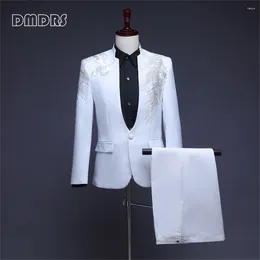 Men's Suits One Button Slim Fitting Costume Suit Set Feather Sequined Blazer Pants Host Performance Real Images Men Tuxedo