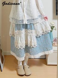 Skirts Mori Style Vintage Blue Floral Long Skirt Girl Spring Summer Women's Sweet Lace Stitching A- Line
