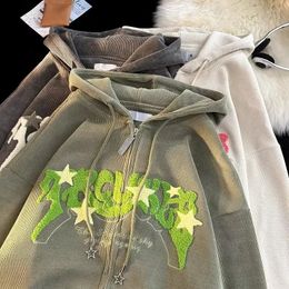 Vintage Embroidered Star Letter Corduroy Hoodies Zipper Cardigan Womens Clothing Harajuku Y2k Jacket Coat Casual Male Hooded 240423