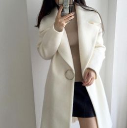 Women White Wool Coat Single Button Long Sleeve Casual Woolen Cloth Medium Length Coat Turndown Collar winter coats women NEW7658526