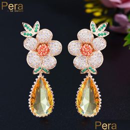 Knot Pera Expensive 585 Gold Colour Shiny Yellow Cz Luxury Wedding Jewellery Long Big Flower Charm Water Drop Earrings For Brides E848 D Dhouv