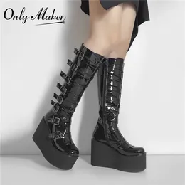 Boots Onlymaker Women Platform Knee High Round Toe Black Patent Leather Wedges Heels Side Zip Big Size Punk