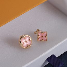 With BOX Fashion stud earring woman designer Luxury earrings monther-of-pearl pink flower Jewellery women 18k Gold Valentine Wedding Gifts Wholesale