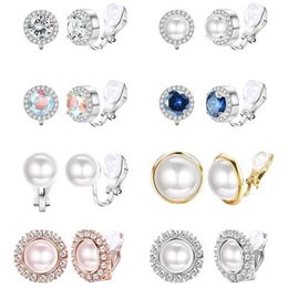 Stud 1 pair of candy colored geometric zircon pearl earrings European style womens clip fake perforated Q240507