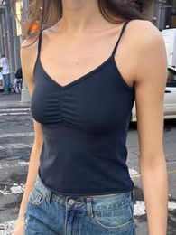 Women's Tanks Folds Slim Sexy Crop Top Woman 2024 Summer V-Neck Sleeveless Fashion Camis Sweet Girl Vintage Y2k Cotton Cute Tank Tops Chic