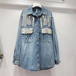 Women's Blouses Women Pearls Beaded Fringed Sequined Denim Shirts Beading Striped Tassels Patchwork Jeans Blouse Single Breasted Cardigan