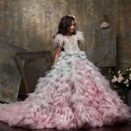 Feather Ball Gown Flower Girls' Dresses For Wedding Beaded Appliqued Toddler Pageant Gowns Kids Prom Dress Custom Made 0508