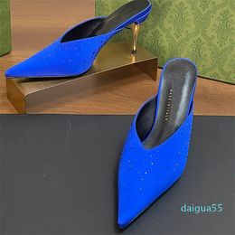 Crystal Slides Mules Slippers Designer Sandal Women Heels Shoes Pointed Toes Slipper 2024 Early Spring Silk Satin Single Shoe Metal Stiletto