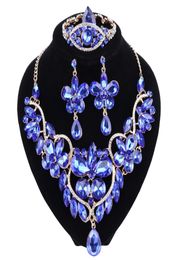 The New Blue Crystal Rhinestone Flower Necklace Earrings Set for Women Wedding Luxury Bridal Jewellery sets8381076