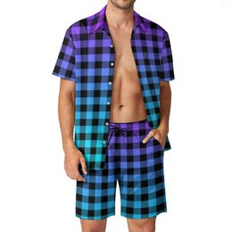 Men's Tracksuits Black Plaid Print Men Sets Purple Casual Shirt Set Hawaiian Beach Shorts Summer Custom Suit 2 Piece Clothing Plus