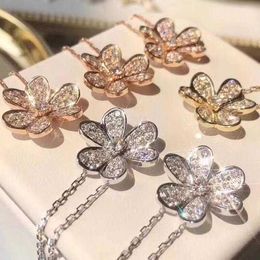 Brand Van Three Leaf Flower Necklace 925 Sterling Silver Plated with 18K Gold Inlaid Diamond Grass Full Petals Pendant Collar Chain