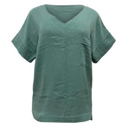 Women's T Shirts Casual Cotton Linen Trim Shirt Front Short Back V Neck Blouse Solid Sleeve Oversized Camisetas Women Clothes