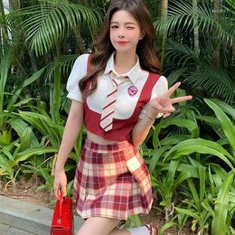 Work Dresses Suit College Style JK Uniform Y2K Shirt Skirt Set Slim Striped Tie High Waist A- Line Pleated Fashion 2024 Autumn