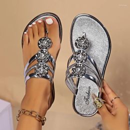 Slippers Women's 2024 Summer Fashion Flat Shoes For Women Beach Open Toed Luxury Rhinestones Flip Flops Female Zapatos