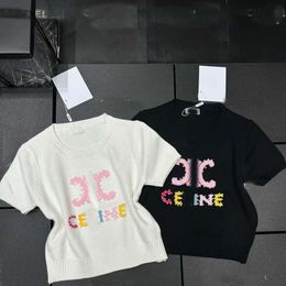 Designer Luxury Celins Classic Spring and summer fashion trend brand French round neck ice silk inlaid short sleeve high-end small fragrance style color letter T