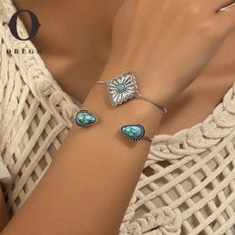 Charm Bracelets Obega 2PCS Silver Ox Colour Turquoise Stone Bracelet Set Water Drop Beads Cuff Bangles Flower Catcus Natural Stones