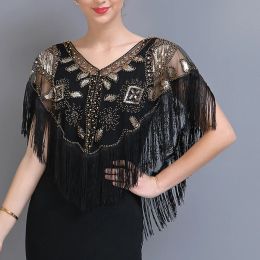 Decoration Women 1920s Sequined Shawl with Tassels Beaded Pearl Fringe Sheer Mesh Wraps Gatsby Flapper Bolero Cape Cover Up