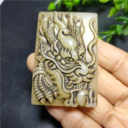 Sculptures Outer Mongolia Material Jade Stone Necklace Pendant Carved Dragon Head Men's and Women's Gift Amulet Statue