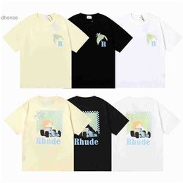 Men's and Women's Trends Designer Fashion Brand Rhude Micro Label Sunset Coconut Racing Printing Short-sleeved T-shirt for Men Women High Street Half Sleeve