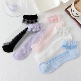 Women Socks 5 Pairs Of Japanese Glass Silk Solid Color For Girls Sweet Summer Clear Breathable Crystal Cotton Sole Boat