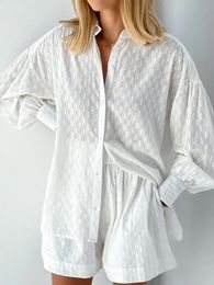 Casual Jacquard Shorts Suit Women Fashion Summer Loose Long Sleeve Shirt Two Piece Set Lady Hawaiian Style 2 240429