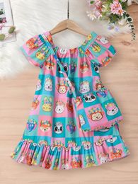 Girl Dresses Summer Girls Dress Shoulder Bag Cute Animal Pattern Ruffle Fashion Kids Clothes 4-7 Y