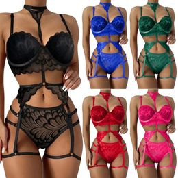 Bras Sets Women Sexy Exotic Bra Cut Out Briefs Panties Garter Belt Lady Solid Colour Lingerie Underwear Sleepwear Erotic Costume