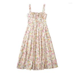 Casual Dresses YENKYE Sexy Elegant Women Spaghetti Strap Front Slit Floral Print Dress Lace Up Bandage Back Female Holiday Summer Midi