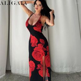 Casual Dresses Aligaia Elegant Women Red Flowers Print High Slit Slip Dress 2024 Summer Sexy Backless Waist Sleeveless Long Holiday