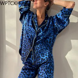 Women's Sleepwear WPTCXH Leopard Print Satin Women Three Quarter Sleeve Pyjama Sets Single Breasted Home Clothes Fashion Set