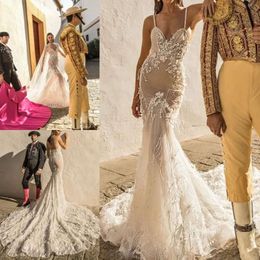Sweep Mermaid Appliques Lace Berta Spaghetti Newest Train Vintage Wedding Dresses Ostrich Feather Bridal Dress
