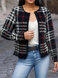 Women's Jackets Women Fashion Houndstooth Printed Jacket Coats Casual Full Long Sleeve Knitted Ladies Basic Chic Outerwear