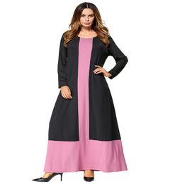 color block patchwork maxi long Dress muslim Kaftan women Maxi dresses black pink round neck long sleeve robes Autumn8990471