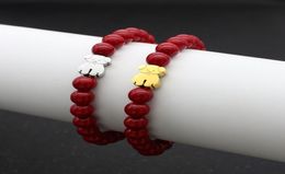 Natural Stone Elasticity Strands Beaded Bracelets for Women Men Lovely Stainless Steel Little Bear Charm Bracelet Couples Friendsh6913283