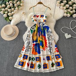 Casual Dresses Retro Ethnic Style Floral Print For Women Spaghetti Strap High Waist A-line Dress Female Vestidos Summer Drop