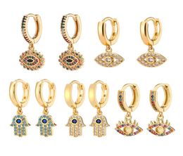 Blue Evil Eye Hoop Earrings Fashion Design 18K Gold Plated Women Cubic Zirconia Fatima Hamsa Hand Pendant Turkish Rhinestone Devil7874914