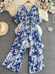 Women's Jumpsuits Rompers Women Elegant Print Puff Sle V Neck Jumpsuits Summer New Fashion High Waist One Piece Fe Casual Straight Wide Leg Pants d240507