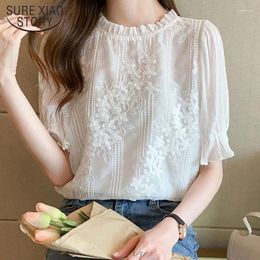 Women's Blouses Summer Women Blouse Short Sleeve Embroidery Lace Chiffon Shirt Blusas Mujer De Moda 2024 Femme 18927