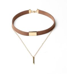 90039S Punk New Fashion Leather Flocking Choker Necklace Gold Plated Geometry With metal bar Pendant Collar Necklace F5236662