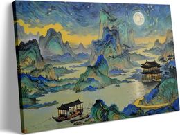ランドスケープオイルペインティングウォールアート印刷壁の装飾自然景色絵画リビングルームベッドルームキッチンホームデコレーションキャンバスポスター（24x36inchフレーム）