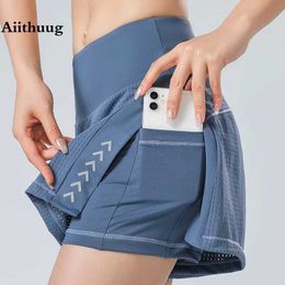 Skirts Aiithuug 2 In 1 Sports Shorts Running Shorts Side Split Gym Short Jogging Pants Short Breathable Active Wear with Pocket Y240508