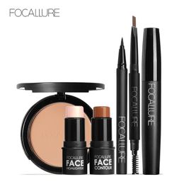 FOCALLURE 6 PcsSet Professional Makeup Kit Include Press Powder Black Mascara Eyeliner Eyebrow Pencil Face Highlighter Sticker 240508