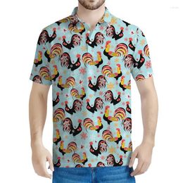 Men's Polos Colourful Rooster Polo Shirt For Men 3d Printed Animal Short Sleeves Loose Button Shirts Tops Summer Casual Lapel Tees