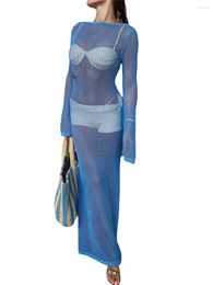 Women S Crochet Cover Up Open Back See Through Sheer Long Maxi Dresses Sleeve Knitted Beach Dress Swimwear