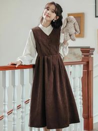 Work Dresses Vintage Corduroy Belt Vest Dress Two-piece Sets Women's Clothing Spring Autumn Blouse 2024 Suit Bd875