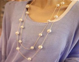 New Long Double Layer Simulated Pearl Necklace Women Sweater Chain Necklace Female Collares Statement Jewlery Whole 20219039387