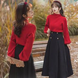 Work Dresses 2024 Fall Winter Women Two Piece Sets Female Warm Knitted Sweater Tops Loose A-line Skirts Ladies Suits Clothing R519
